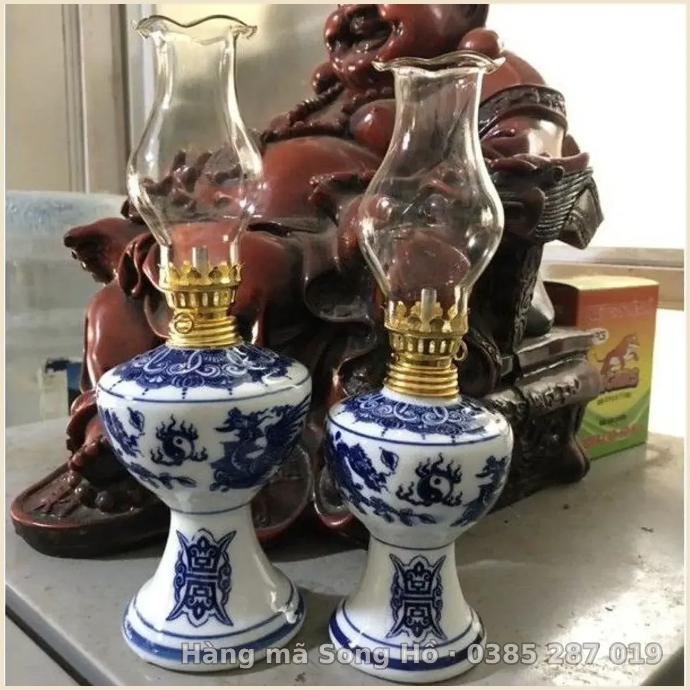 Đèn Thờ Dầu Men Lam ( Gồm Đèn+ Bấc+bóng)