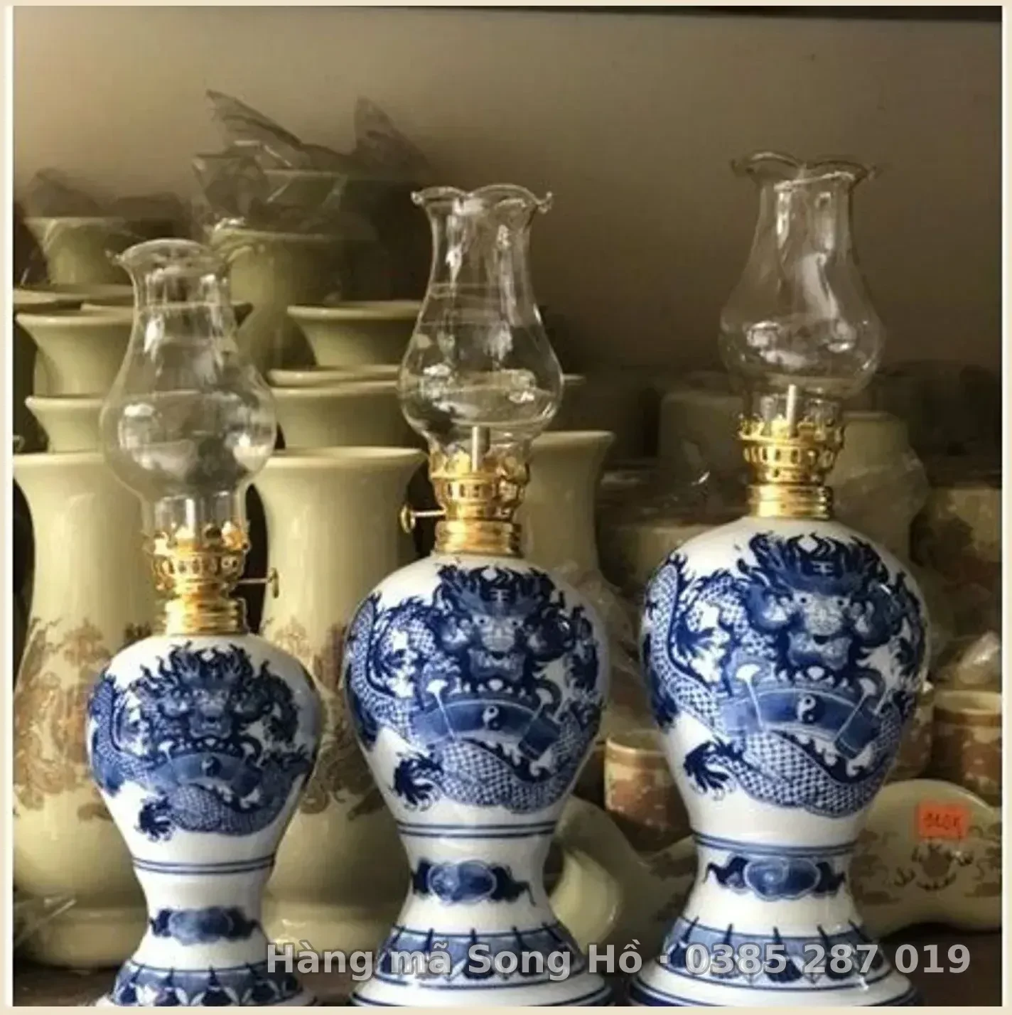 Đèn Dầu Thờ Men Lam Vẽ Rồng Bát Tràng ( đèn dầu thờ vẽ nhất long mẫu mới)