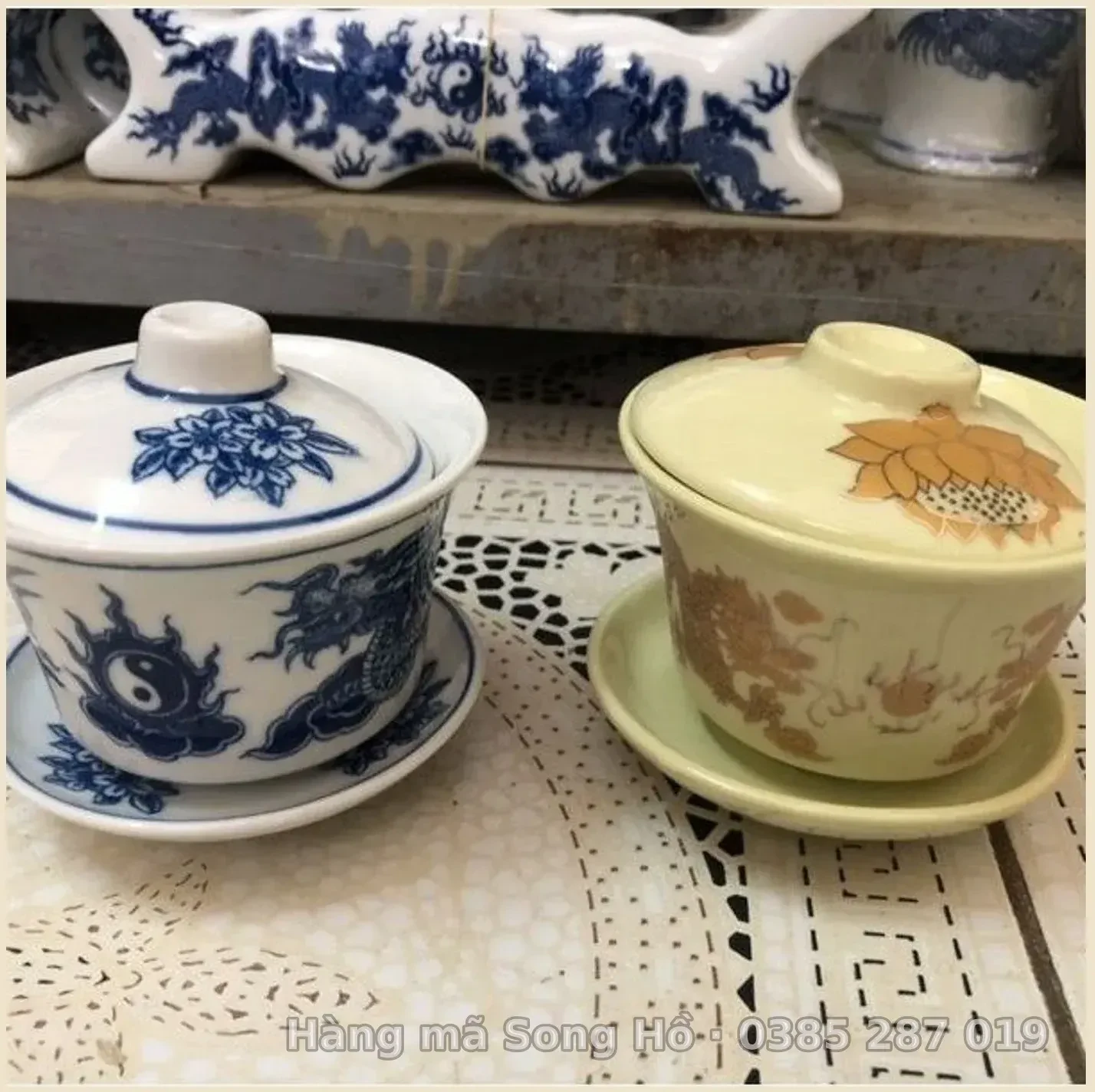 Bát Sâm ( chén sâm, chén Khải) thờ men lam vàng vẽ rồng phượng