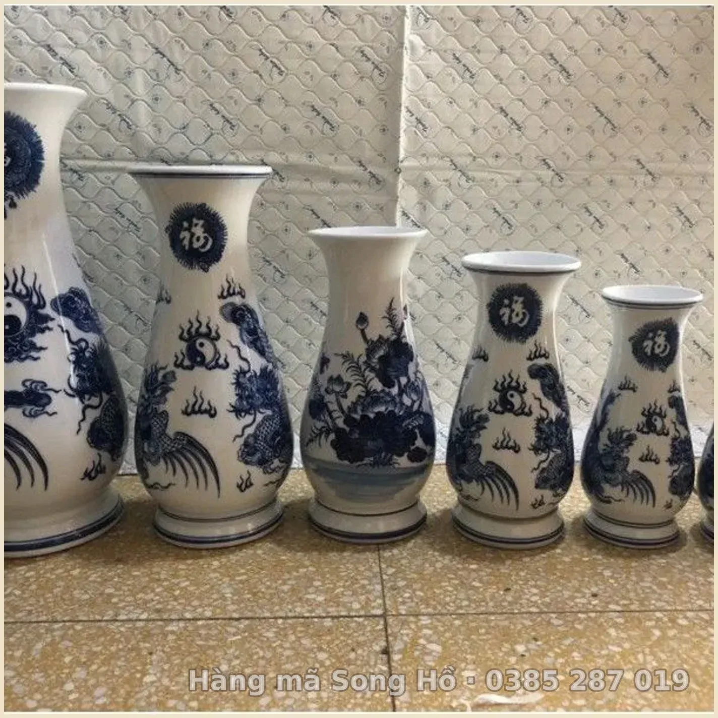 Lọ Hoa Thờ Men Lam Bát Tráng Hoạ Tiết Long Phụng (Giá 1 Lọ)