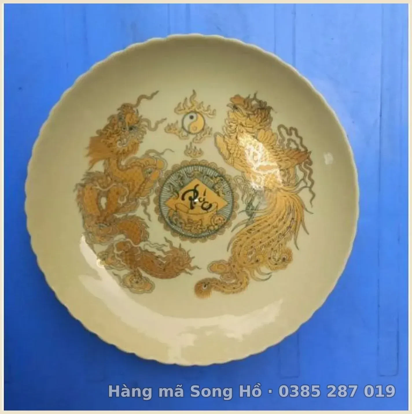 Đĩa men vàng bát tràng,vẽ long phụng (đĩa không chân men vàng)