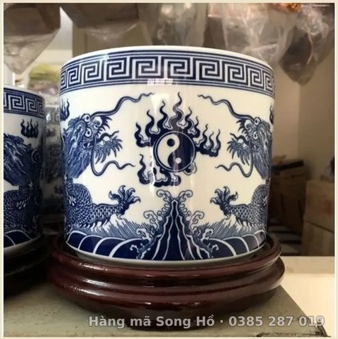 Bát Hương Thờ cỡ To Men Lam Vẽ Rồng